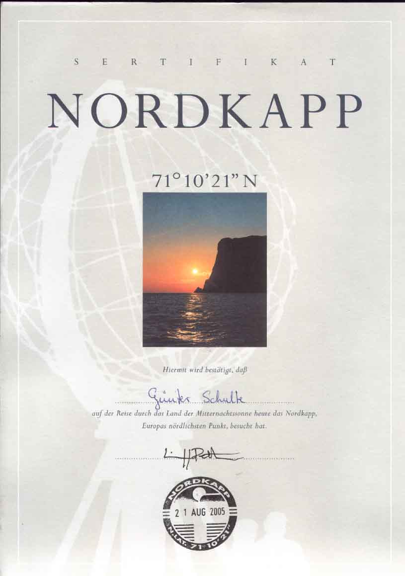 gnter Urkunde vom Nordkapp